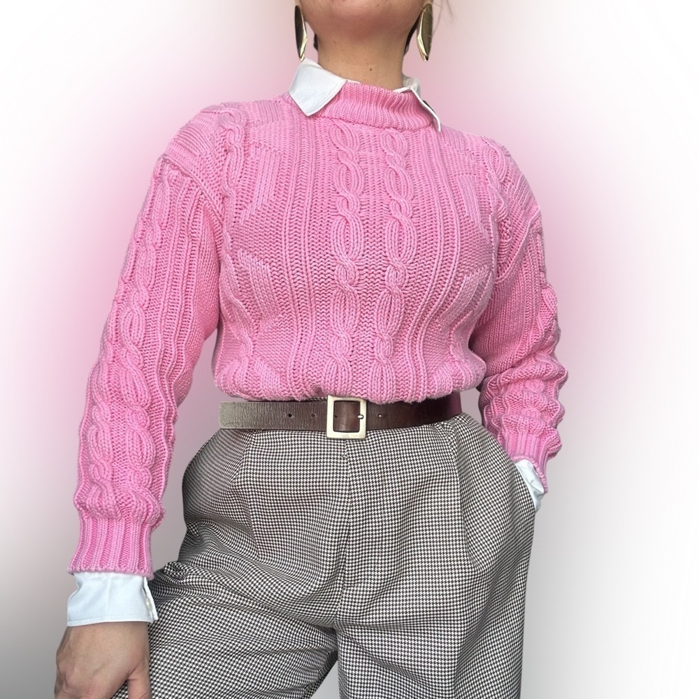 Classic Pink Cable Knit 100% Cotton Sweater Preppy Style Mock neck - Small - Picture 2 of 11